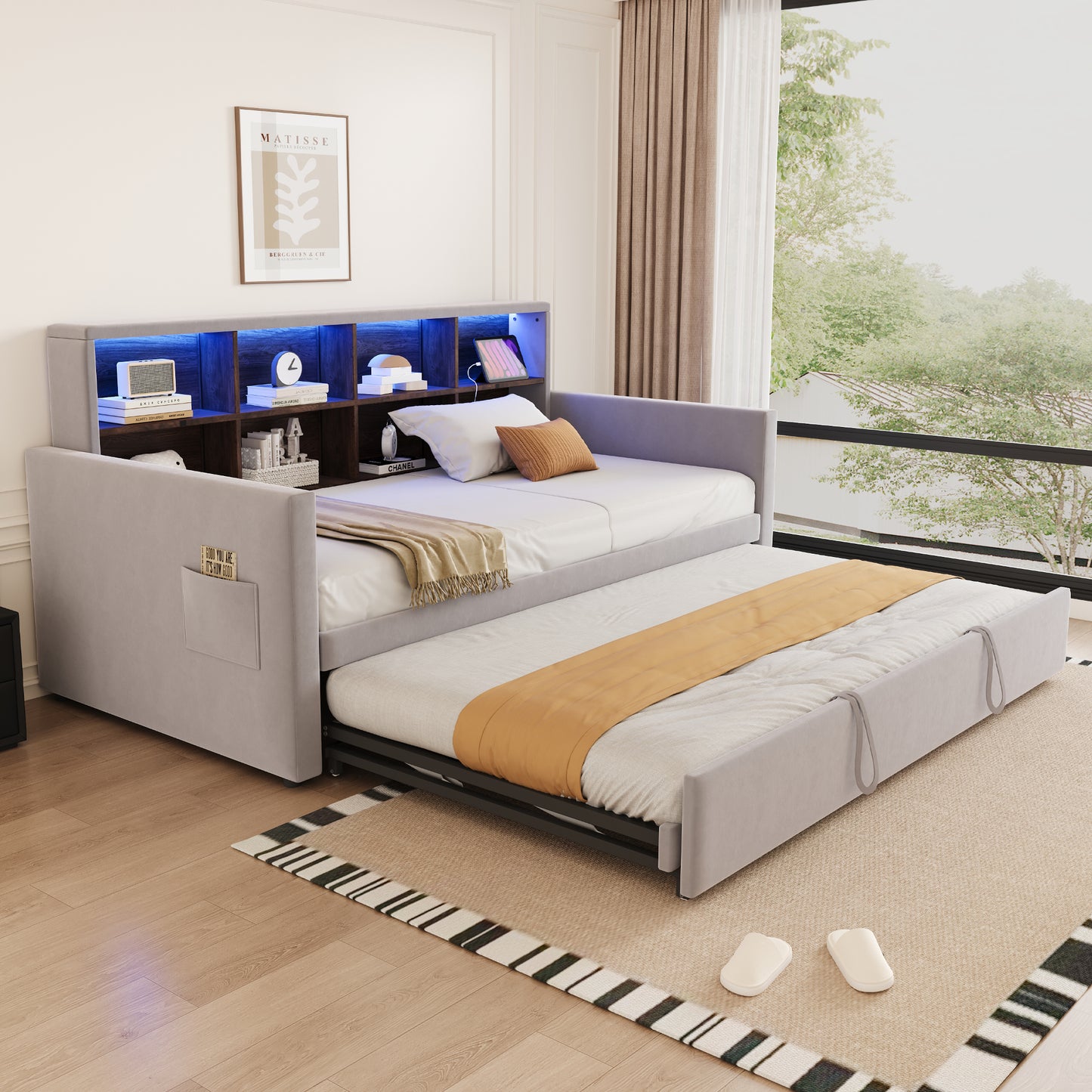Upholstered Bed Sofa Bed 90x190cm, Headboard With Integrated Storage Compartments, LED Light Strip And Charging Sockets, With Pull-out Bed, Velvet Upholstery, Light Grey