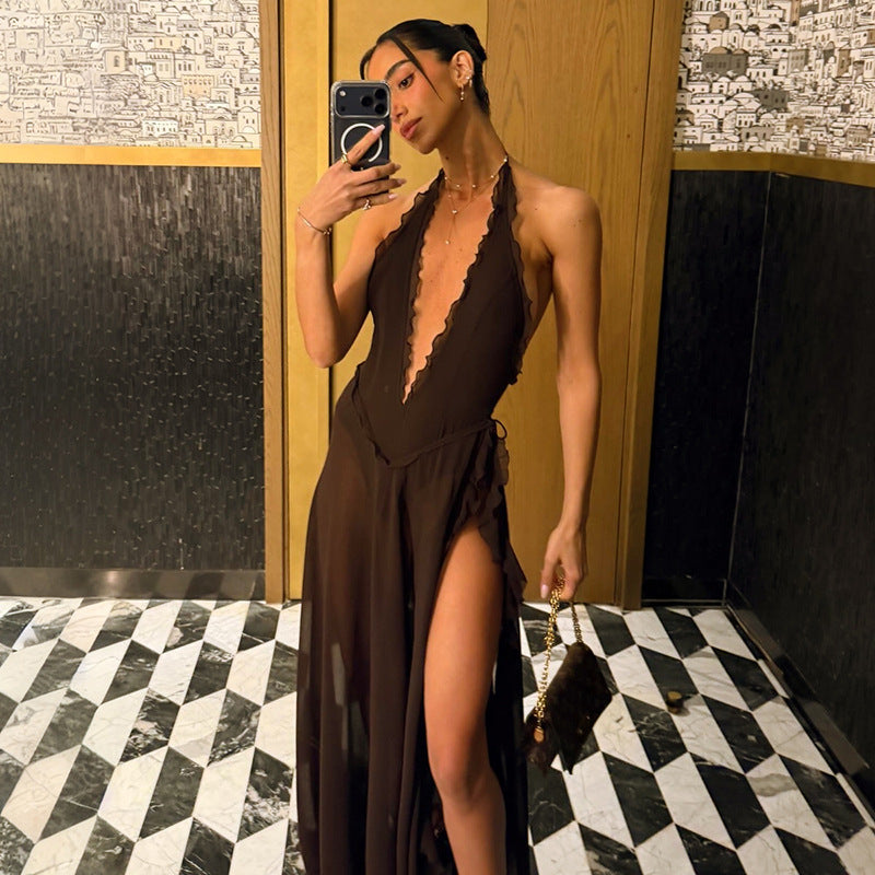 New European And Americanstyle Sexy Lowneck Highslit Halter Dress Adorned With Lace Trim