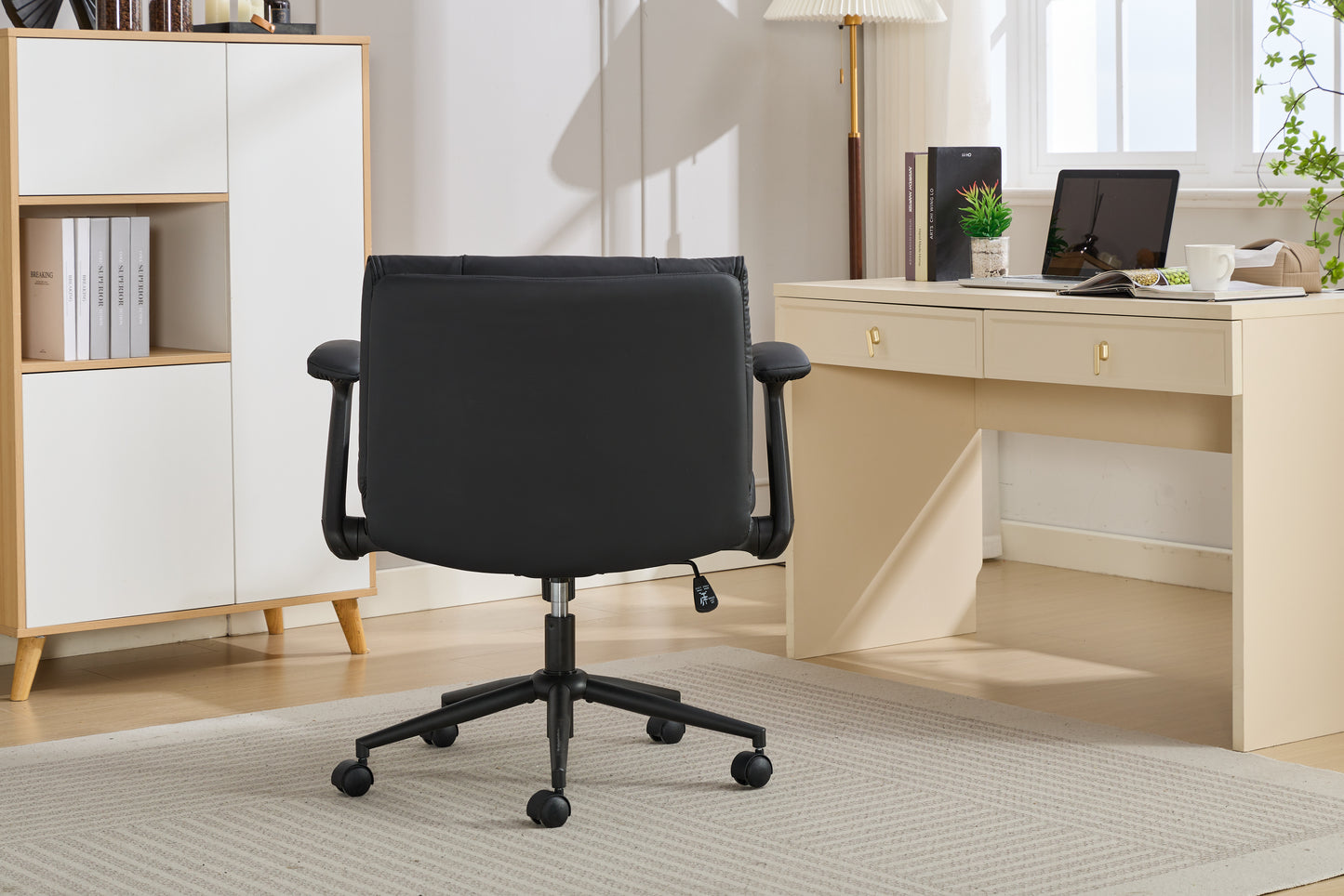 With Flip-Up Armrests Leather, Cross Legged Office Chair On Wheels, Comfy Swivel Chair With Wide Seat For Home Office, Vanity,  Ergonomic Desk Chair Adjustable, Black