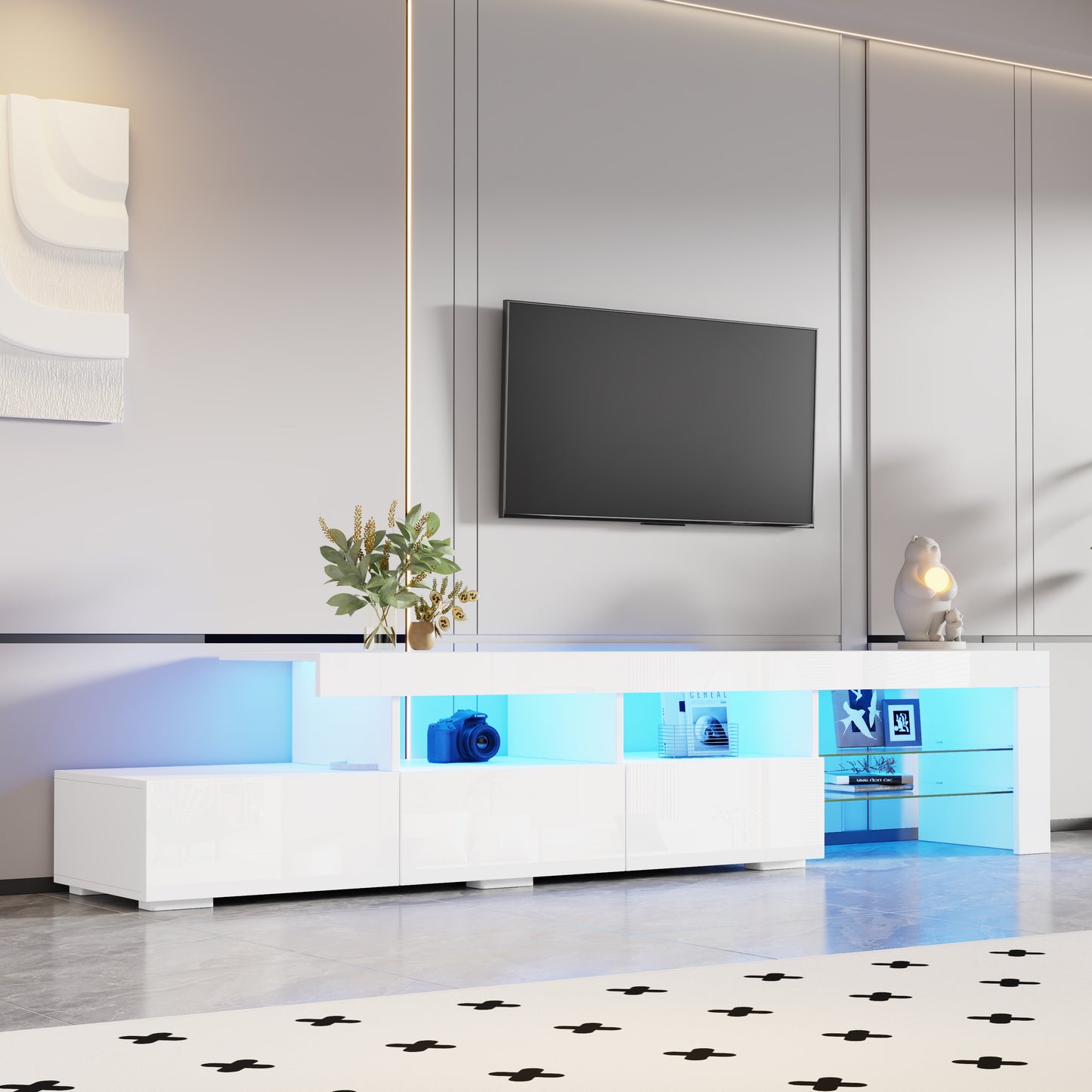 TV Cabinet With LED Lighting, High-gloss Front, Three Drawers, Suitable For TVs Up To 75 Inches, Suitable For Living Room, Bedroom And Dining Room, White, 180 X 35 X 45 Cm