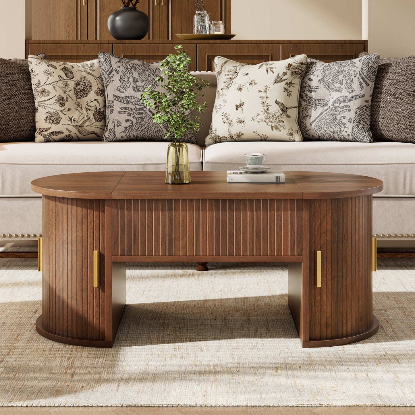 Modern Height Adjustable Coffee Table , Height Adjustable Coffee Table For Living Room , Open Shelves And Hidden Storage , Sliding Doors , Ideal For Small Homes And Home Offices