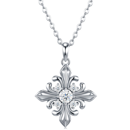 S925 Sterling Silver 0.3ct D Color VVS1 Moissanite Cross Flower Pendant Necklace 40cm Platinum Plated GRA Certified Gift Box
