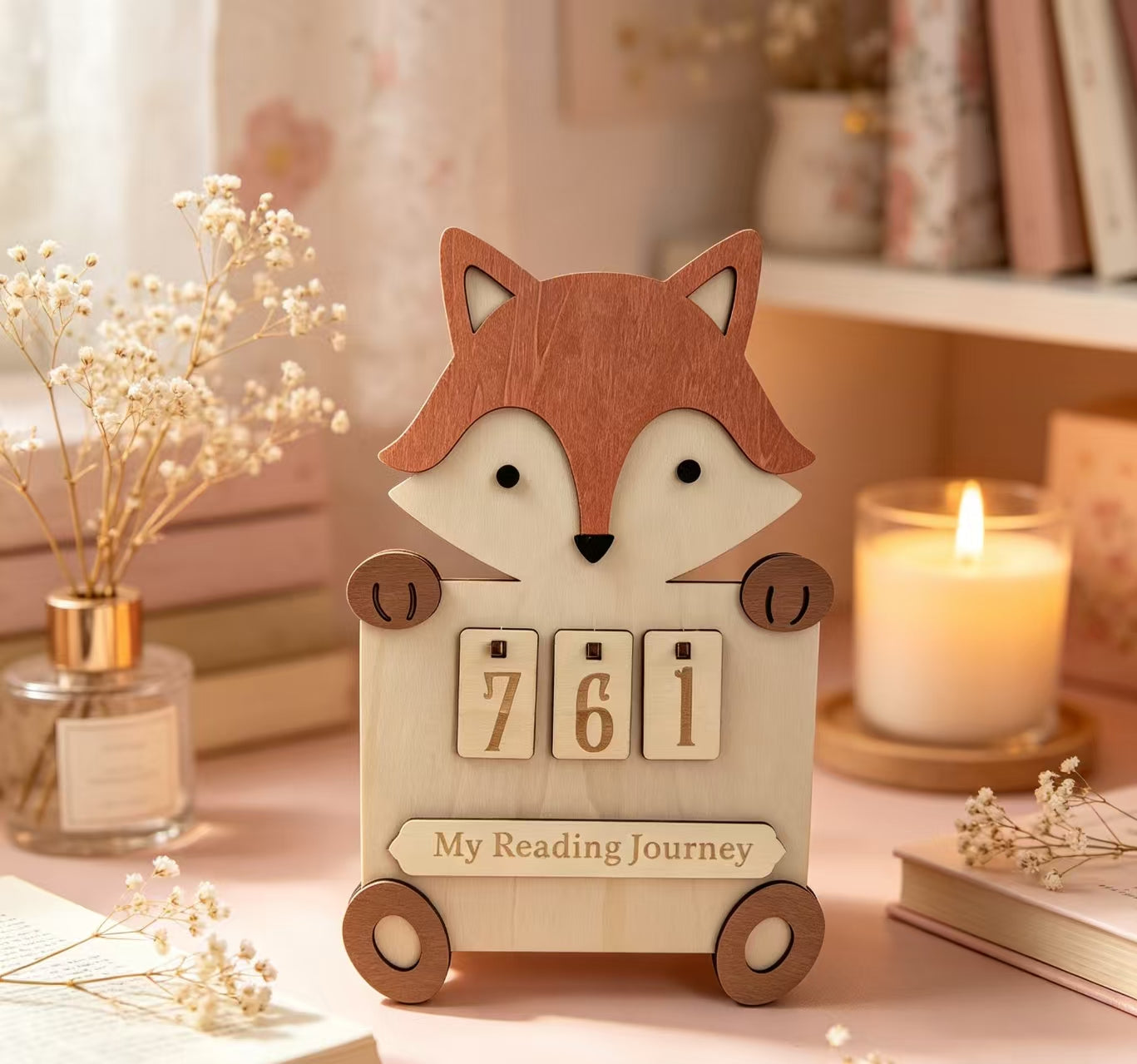 Wooden Animal Reading Tracker Calendar Bear Fox Lion Kids Reading Journey Counting Sign Nursery Decor