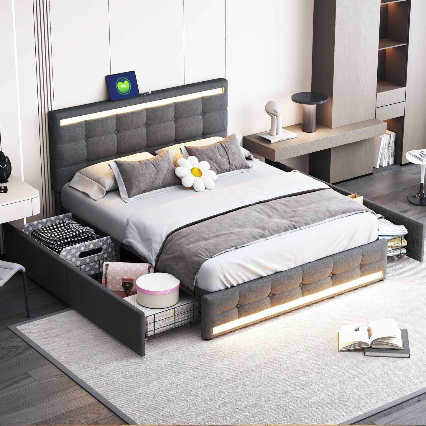 Upholstered Bed 140x200 LED Upholstered Bed With 4 Drawers And 2 USB Charging Stations, Bed Frame With LED Headboard Footboard, Upholstered Platform Bed With Storage, Linen Fabric Grey