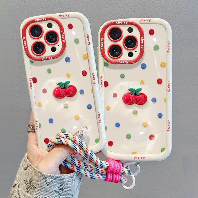 Phone Case With Lanyard Premium Feel Colorful Polka Dots And Cherries