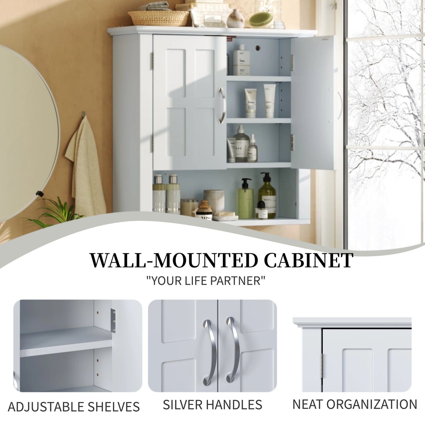 Bathroom Wall Storage Cabinet, Multi -functional Wall Mounted Cabinet With Adjustable Shelves, Medicine Cabinet For Laundry Room & Kitchen & Living Room, White
