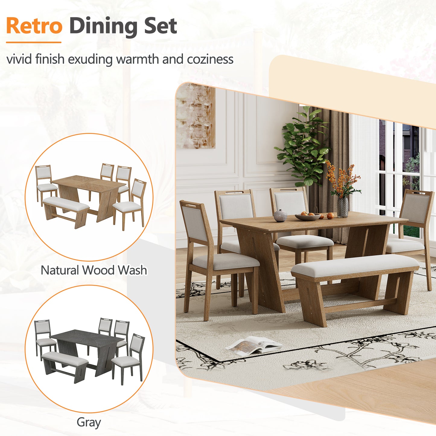 TREXM 6-Piece Retro Dining Table Set For 6  60 Wood Kitchen Table And Chairs Set Of 4 With Bench Designed Trestle Base For Kitchen & Dining Room  Natural Wood Wash