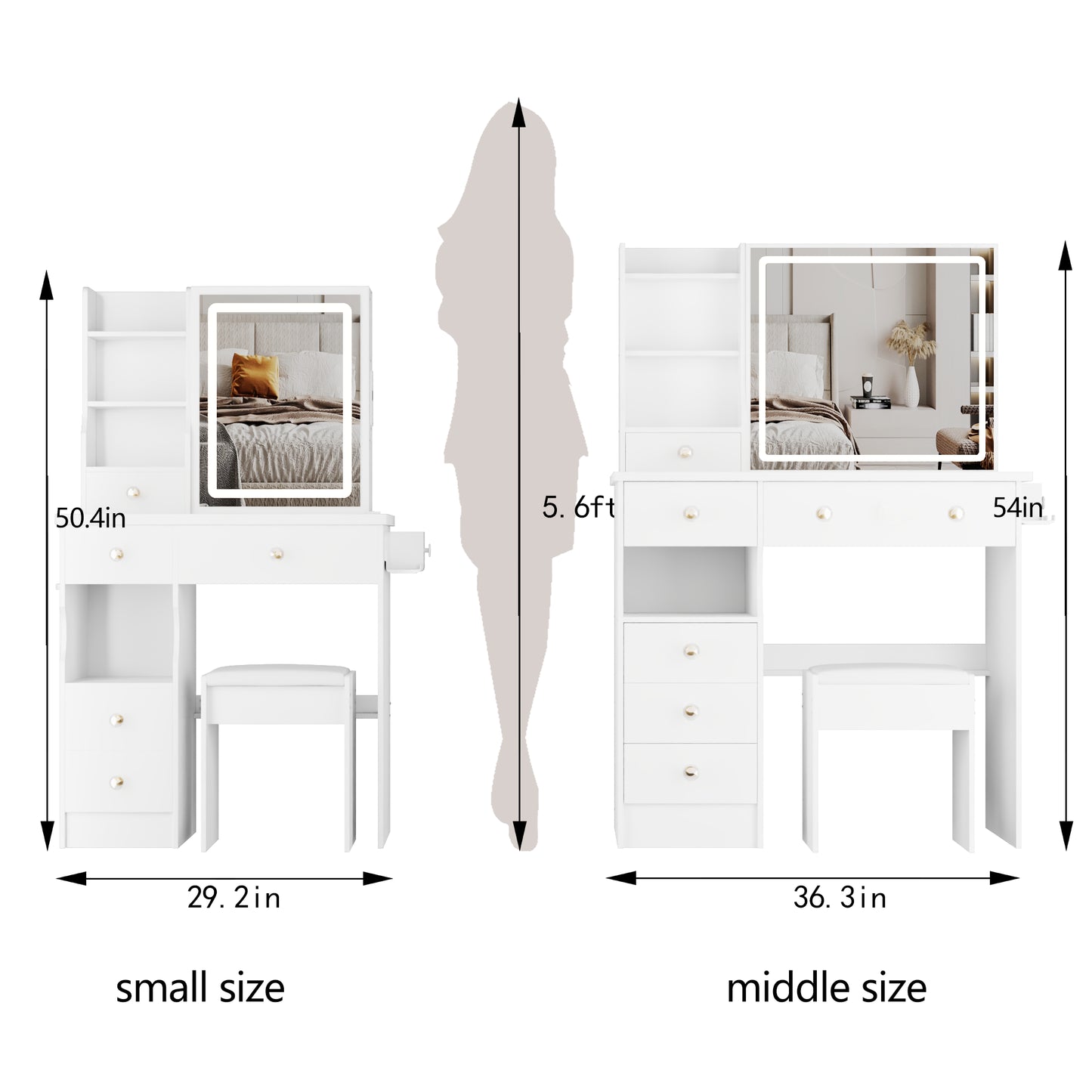 29.2 Small Size Drawer Desktop Vanity Table  Cushioned Stool, 2 AC-2 USB Power Station, Hair Dryer Bracket, Extra Large Touch Control Sliding LED Mirror, 3-color Switching, EPA, GCC, UL Certificate