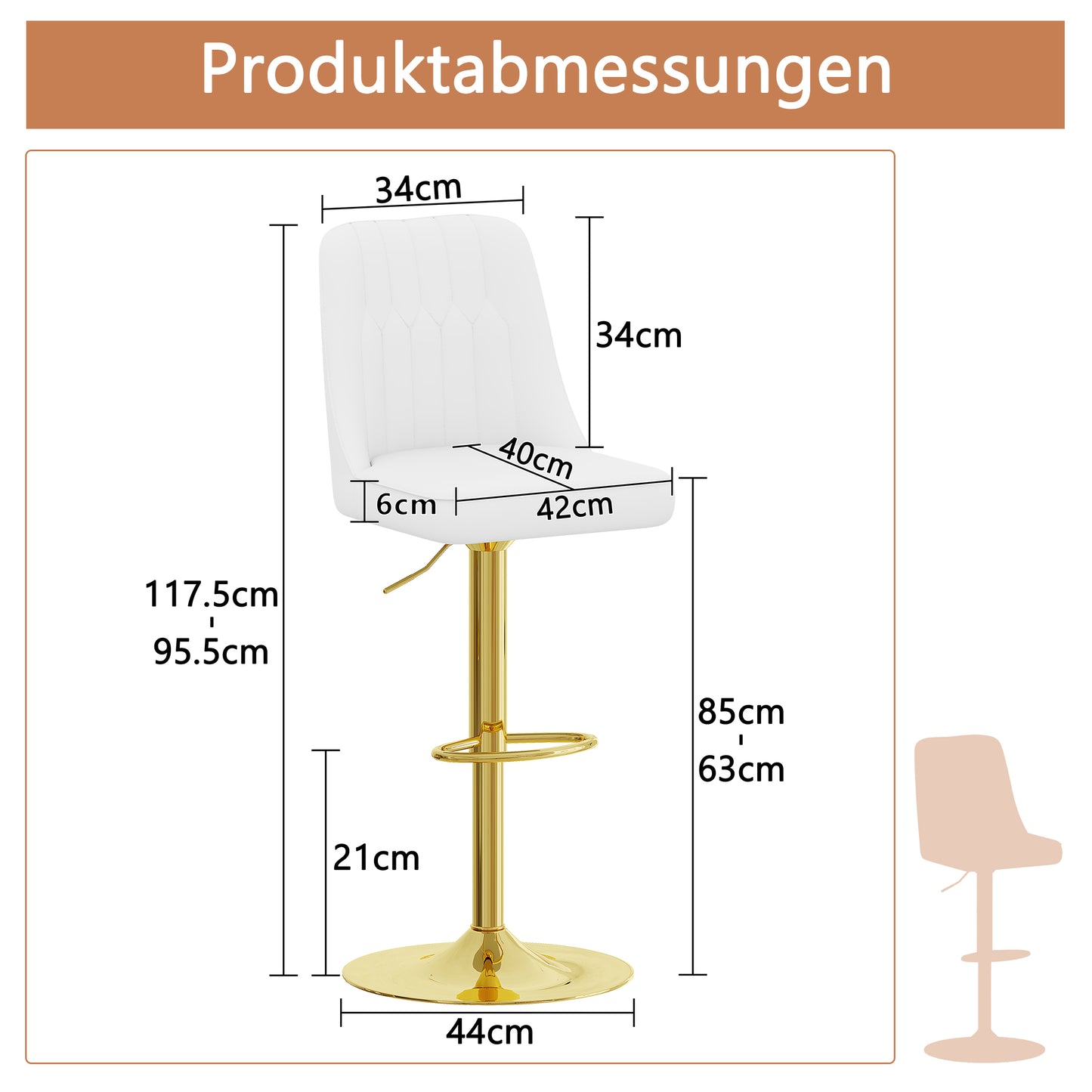 Height-adjustable Bar Stool In Set Of 2, 360  Swivel, Backrest With White PU Leather And Quilted Pattern, Legs Made Of Golden Metal. Suitable For Kitchen Islands And Bar Counters.