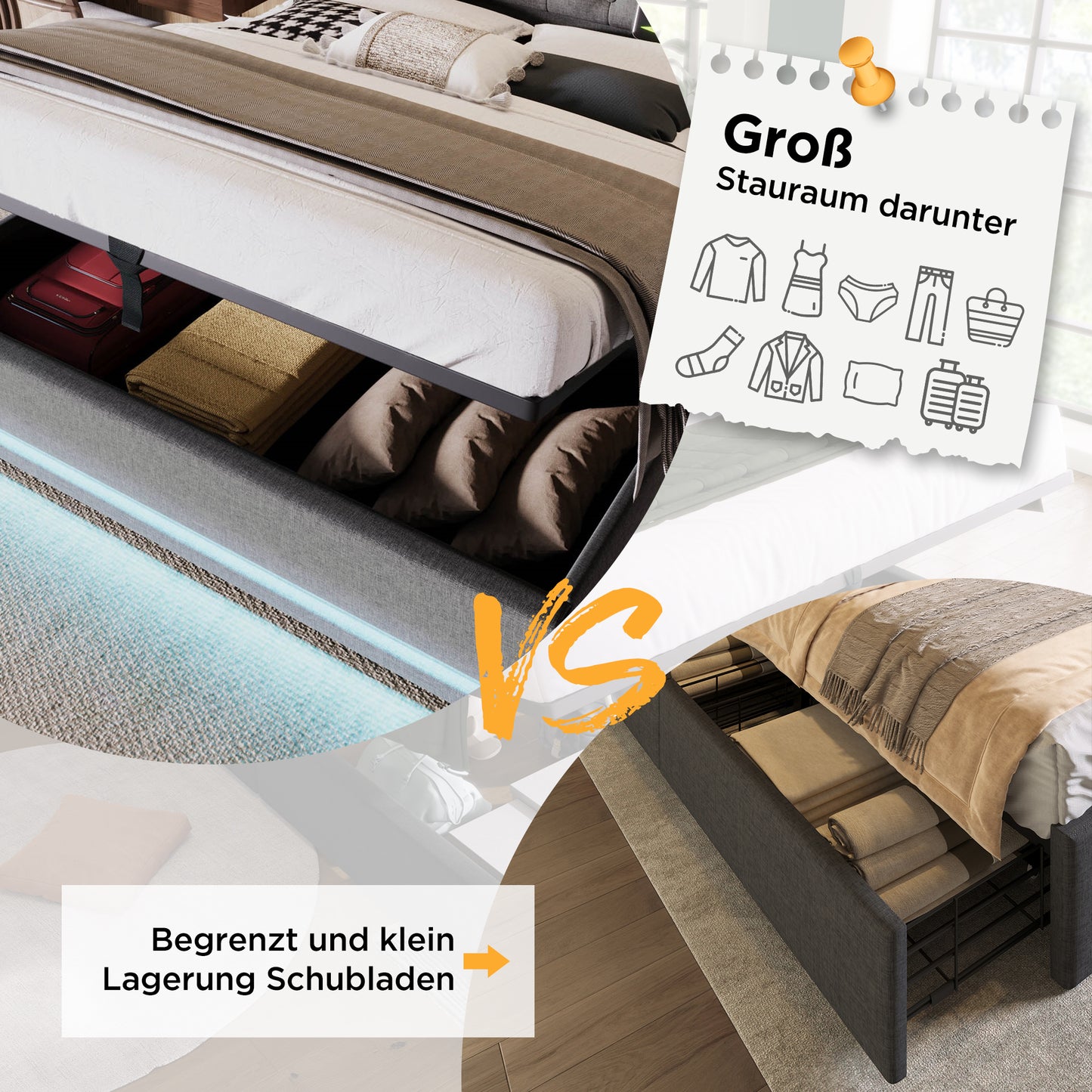 Upholstered Bed Double Bed 180x200 Cm, Grey Cotton Material Hydraulic Storage Bed, Upholstered Headboard With USB Type-C Charging Function, 3-Sided LED Function  Without Mattress