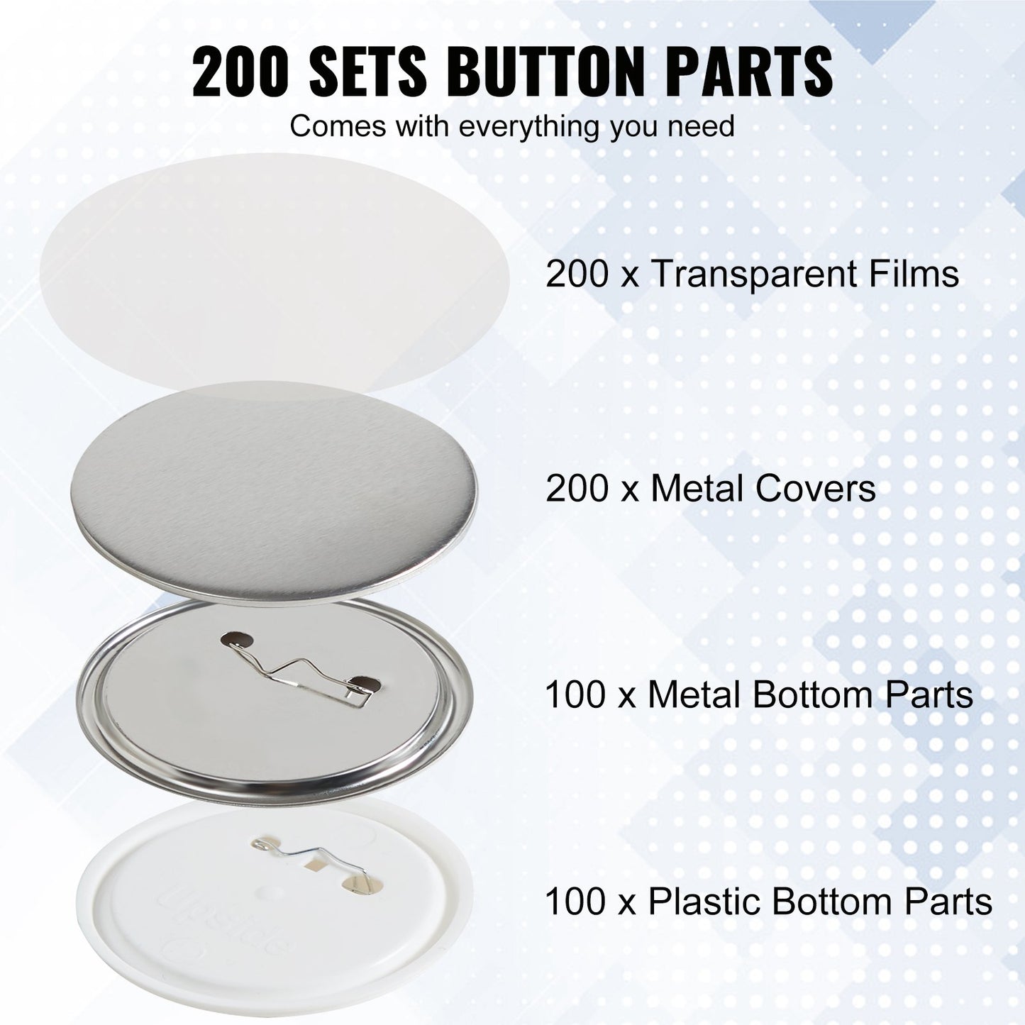 200 Sets 3 Inch 75mm Pin Back Button Parts, DIY Round Button Badge Parts, Set Includes Metal Top, Plastic/Metal Button, Clear Film, And Blank Paper For Gifts Presents, Machine NOT Included