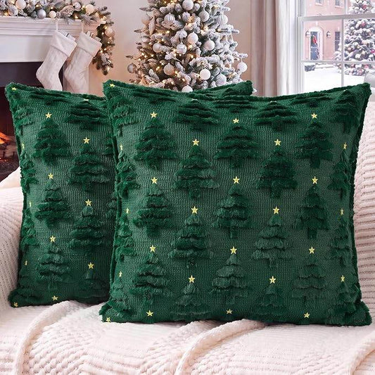 2 Pcs Christmas Pillow Covers 18 X 18 Inch, Green Xmas Tree Cushion Covers For Sofa, Bed, Chair And Holiday Home Decor