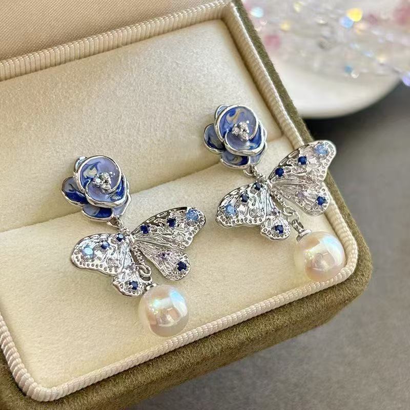 New Butterfly & Pearl Floral Earrings For Women, Enamel Glaze Drip Craft Studs, Gentle Elegant Dangle Fashion Ear Jewelry