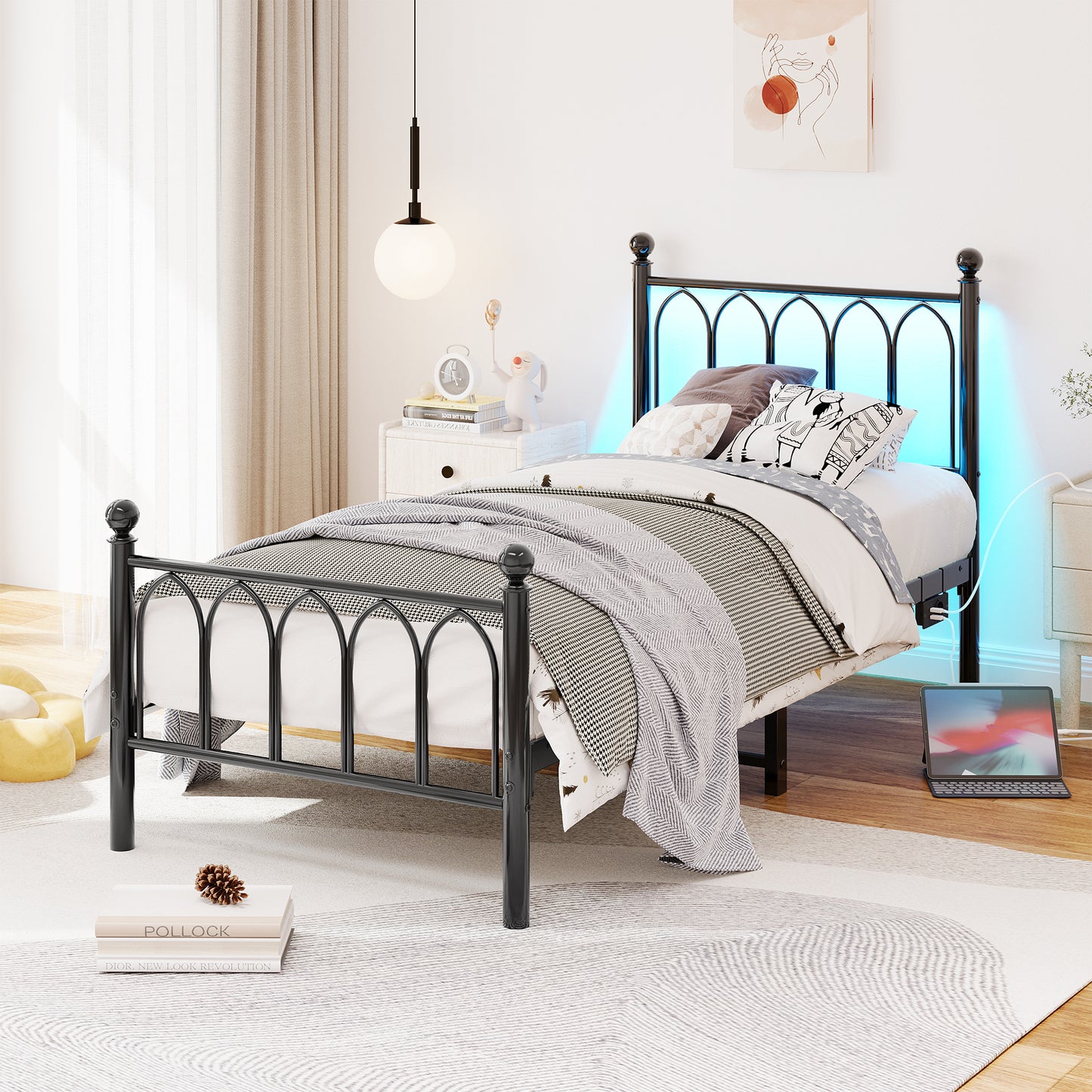 90x200cm Metal Bed Frame With Vintage Head And Footplate, USB Charging Station, LED Bed Frame, Heavy Duty Steel Slat Support, Range Underbed Storage, No Box Spring Required, Black