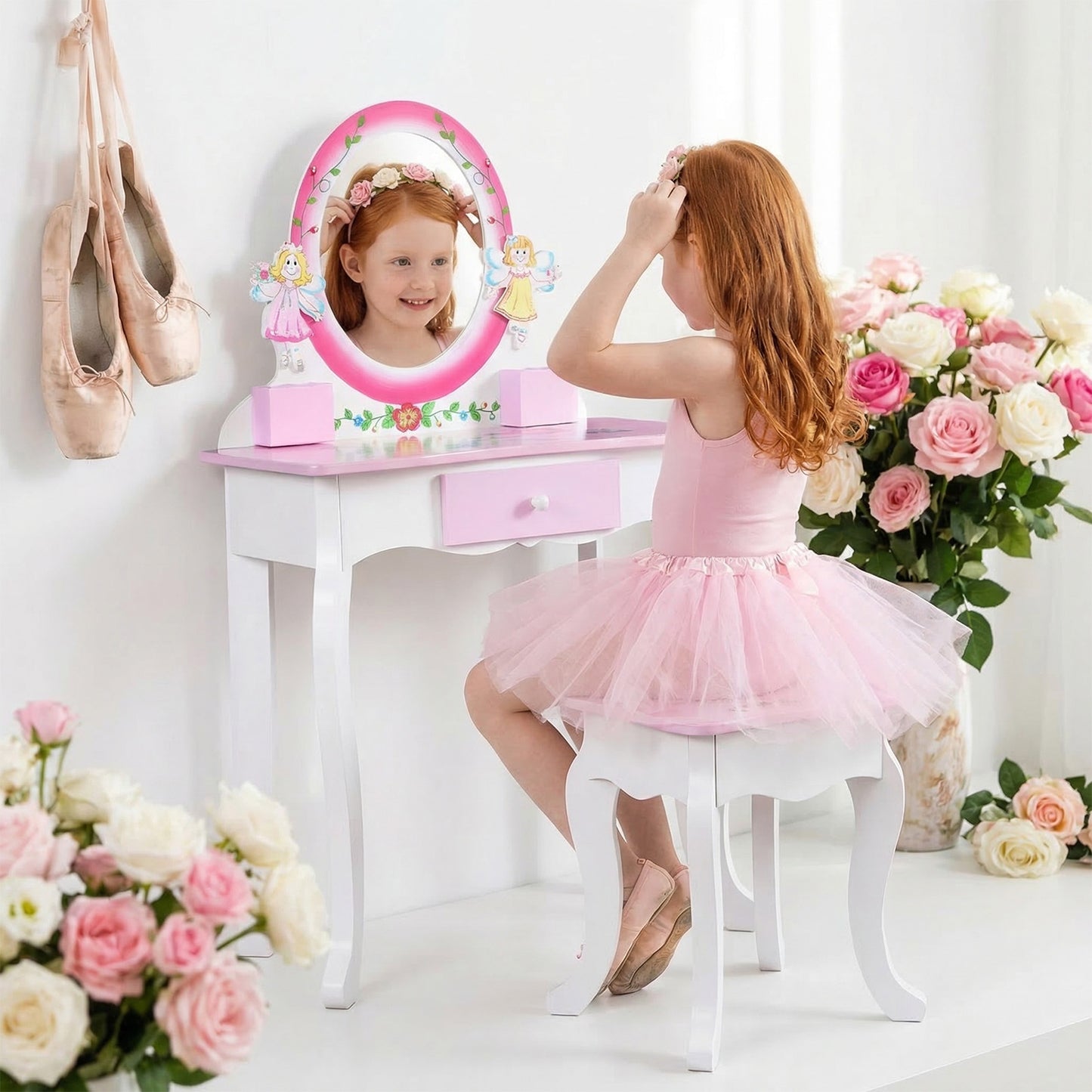 Kids Vanity Set Floral Printed Wooden Makeup Dressing Princess Table With Mirror And Stool For Role Playing Pink