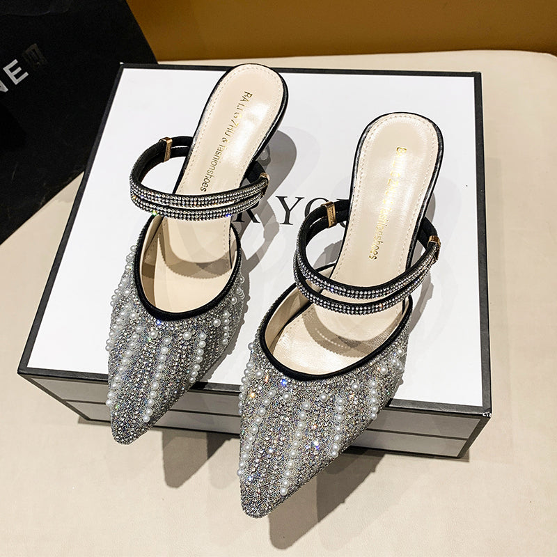 Women Pearl Rhinestone Pointed Toe High Heel Slippers, 2026 New Korean Fairy Style Thin Heel Single Strap Sandals For Outdoor Wear