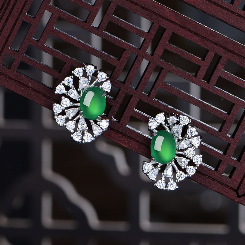 S925 Sterling Silver Sunburst Halo Stud Earrings, 8x6mm Oval Green Chrysoprase, Platinum Plated 4.7g, Elegant Women's Fine Jewelry Gift Box Set