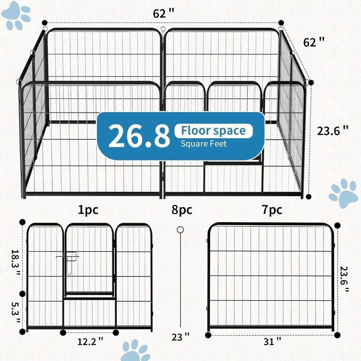 Indoor Outdoor Dog Playpen, Premium Pet Puppy Fence With Gate, Portable Cage