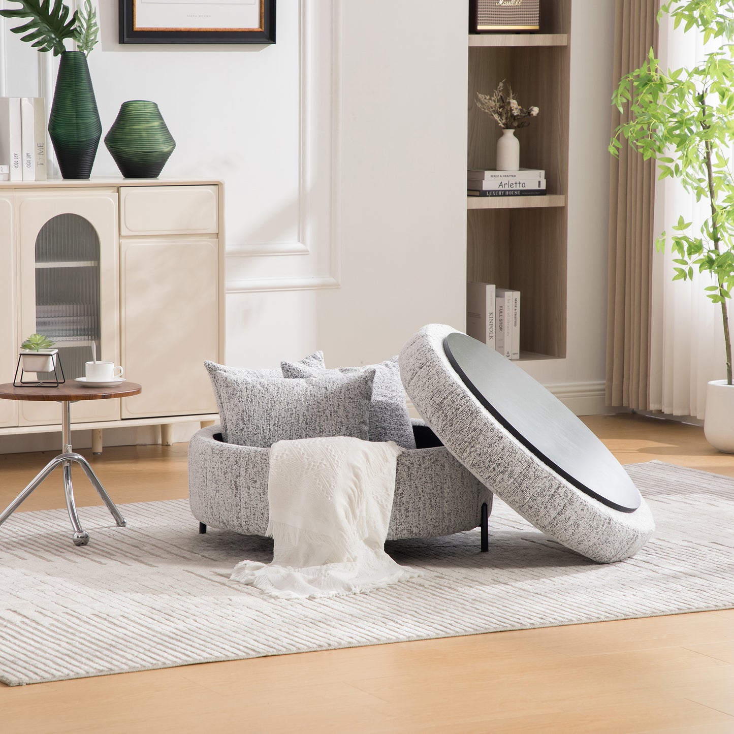 31.3 W Upholstered Round Ottoman With Reversible Lid, Chenille Storage Stool, Channel Tufted Pumpkin-shape Footstool For Living Room, Bedroom And Office, White-Black