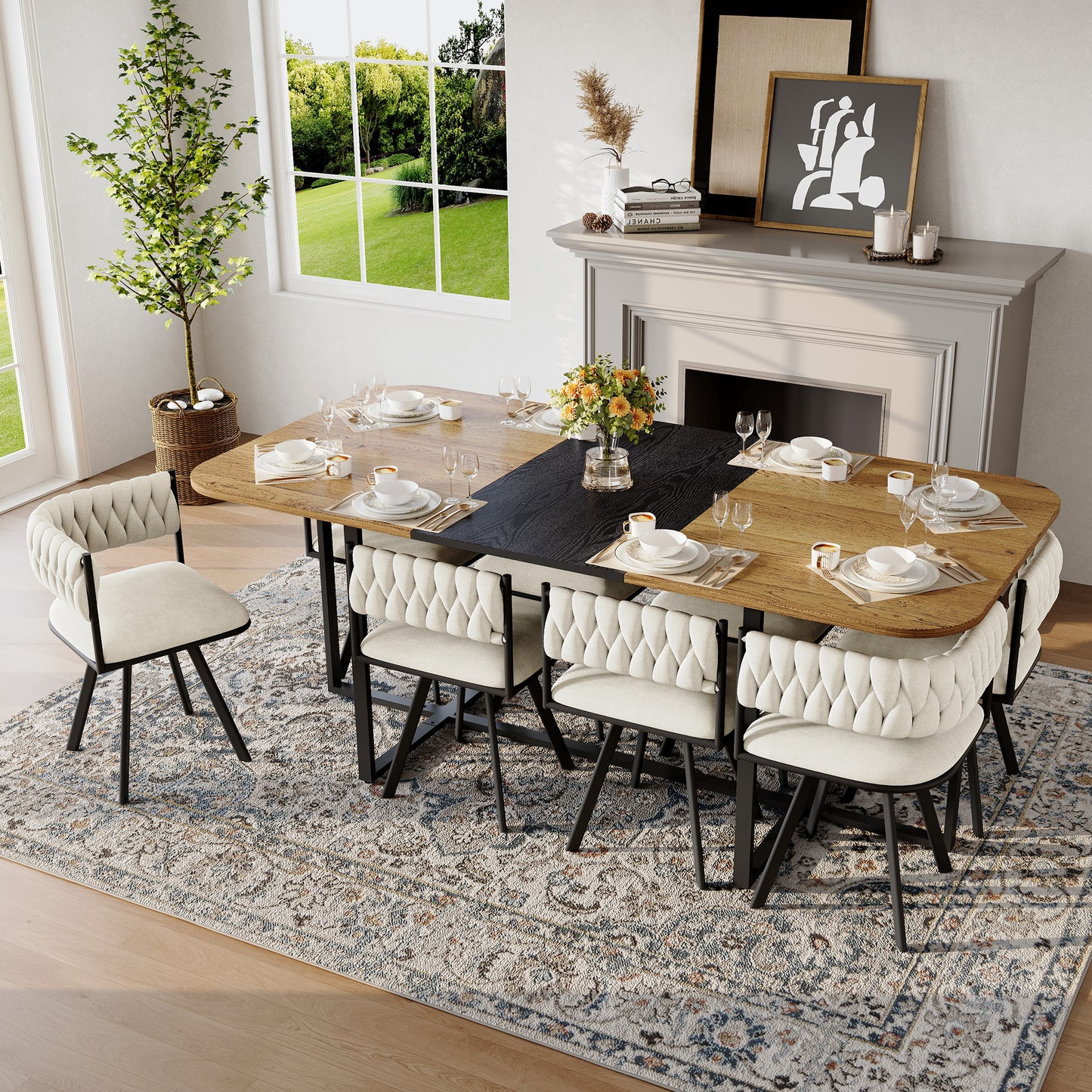 9-Piece Square Dining Table Set, Fixed Two-Tone Wood Grain & Black Wood Grain Triamine Tabletop With 8 Beige Velvet Chairs, Modern Kitchen Table Set For 8 People, Ideal For Family Gatherings