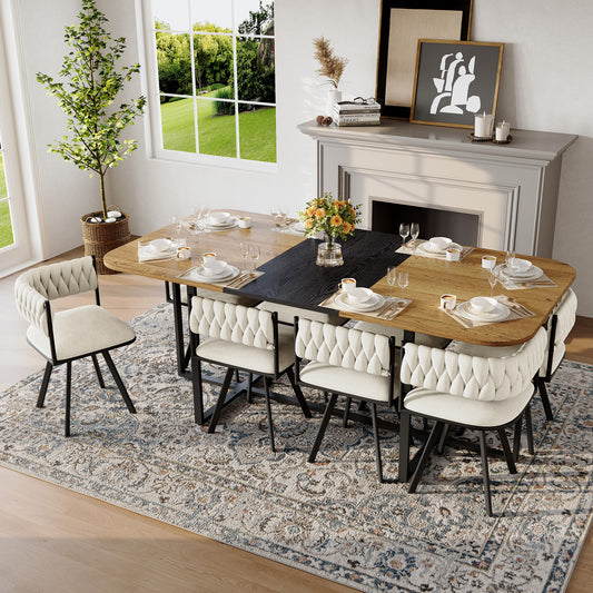 9-Piece Square Dining Table Set, Fixed Two-Tone Wood Grain & Black Wood Grain Triamine Tabletop With 8 Beige Velvet Chairs, Modern Kitchen Table Set For 8 People, Ideal For Family Gatherings