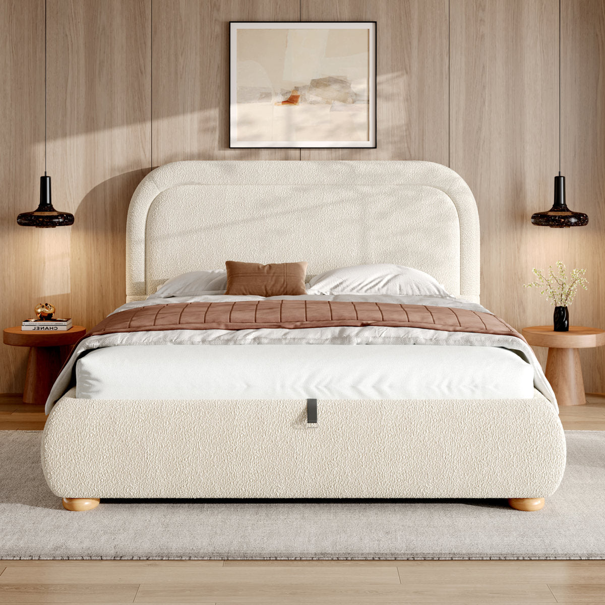5FT King Size Ottoman Storage Bed Frame   150 X 200 Cm    Luxury Boucled Upholstered Lift-Up Bed With Hydraulic Storage, Deep Curved Headboard & Reinforced Slatted Base, Beige, Boucled