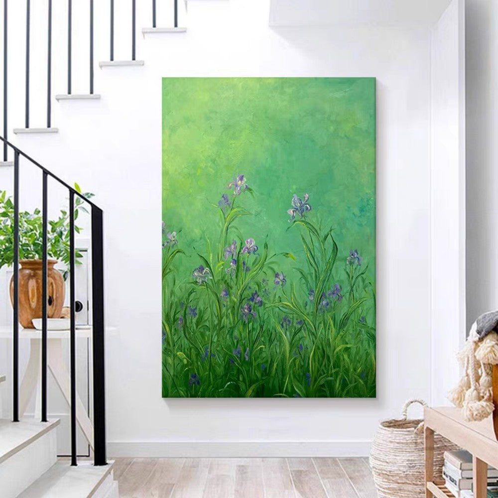 Handmade Abstract Frameless Artwork Canvas Oil Paintings Modern Fresh And Light Green Iris Flower Decorative Dining Room Decor Rolled Frameless Unstretched Painting