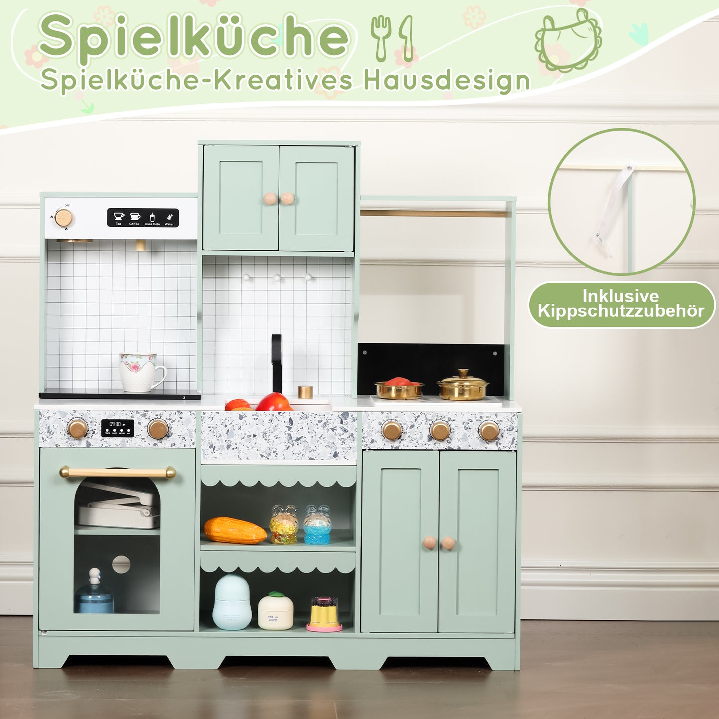 Children's Kitchen, Play Kitchen-Creative Design, Accessories And Surprise Effects, An Excellent Gift For Children From 3 Years, Wood  Plastic, Green, 30x90x98cm