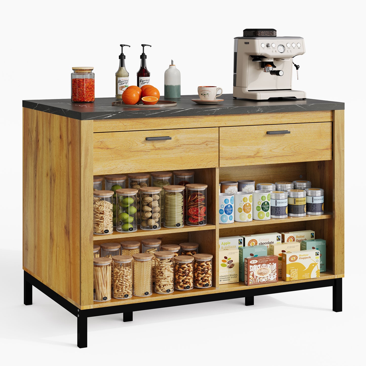 120x75x90cm, Country Style Kitchen Island - Kitchen Island With 2 Drawers And 4 Open Shelves, Oak Grain, Black Marble Worktop, Metal Frame, Back With Bar Area