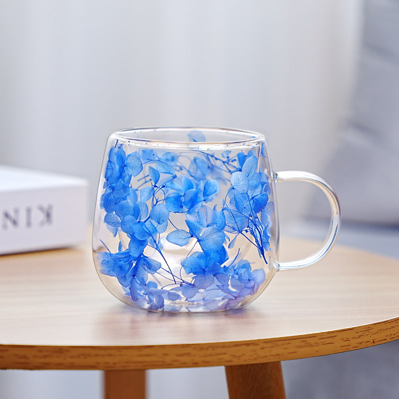 High-borosilicate Glass Tea Cup Internet-famous Double Layer Design With Real Flowers Inside