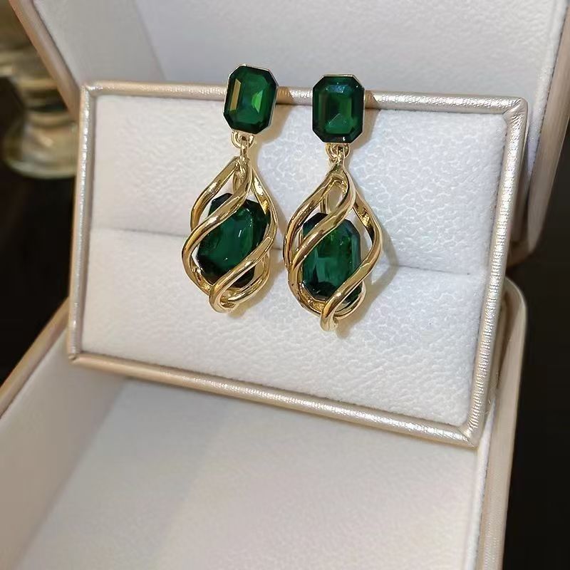 Women's Luxury Emerald Geometric Teardrop Earrings With Inlaid Diamonds, Retro Fashion Personal Dangle Studs, Versatile Elegant Light Luxury Ear Jewelry