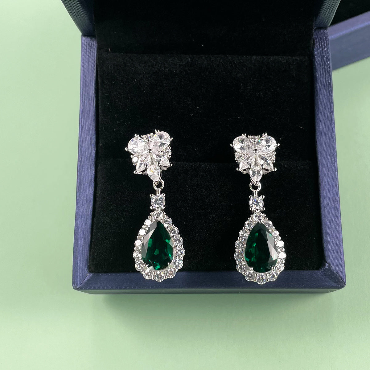 S925 Sterling Silver Teardrop Dangle Earrings, 7x11mm Lab-Grown Ruby Sapphire Emerald, Platinum Plated 4.5g Women's Jewelry Gift Box