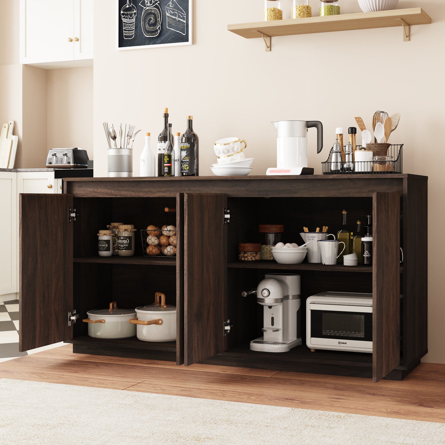 4 Door Walnut Wood Sideboard Buffet Cabinet With Power Outlet, Wavy Vertical Texture Accent Cabinet With No-Handle Design  Door Top Edge As Handle , Freestanding Kitchen Storage Cabinet For Dining Roo