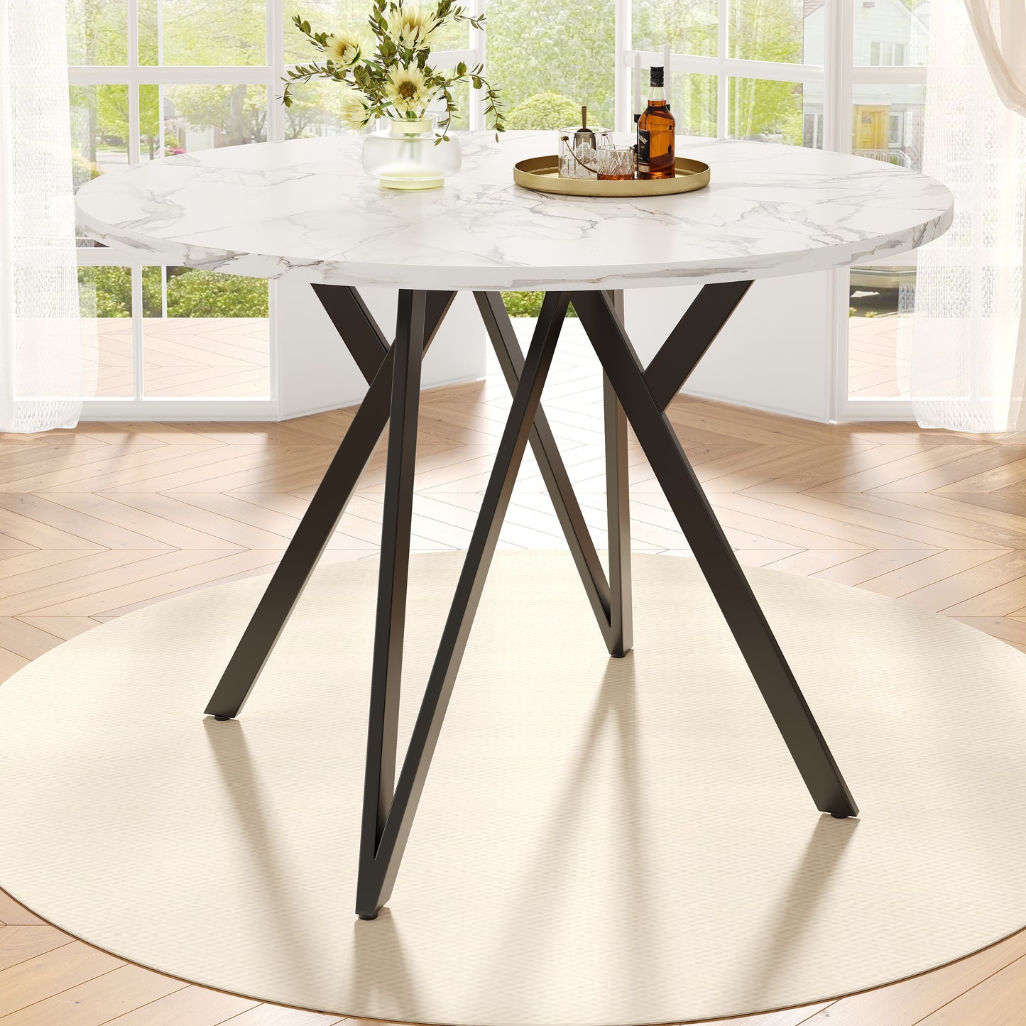 Round Dining Table  100x100x76cm , Kitchen Dining Table, Round Coffee Table For 4 People, Suitable For Dining Room, Living Room, Stylish Metal Table Legs, MDF Marble Table Top, Black