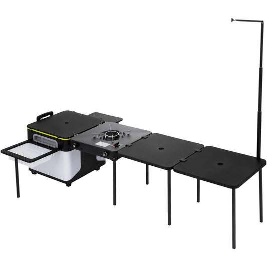Outdoor Mobile Kitchen, Portable Multifunctional Camp Box With Wheels All In One Integrated Cooking Station With Windproof Stove, Folding Tables Storage Organizer, Black