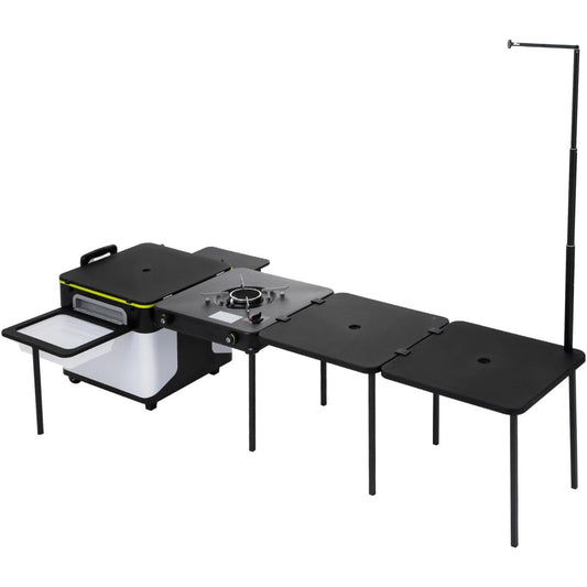 Outdoor Mobile Kitchen, Portable Multifunctional Camp Box With Wheels All In One Integrated Cooking Station With Windproof Stove, Folding Tables Storage Organizer, Black