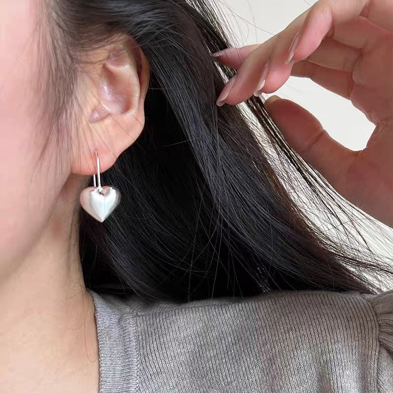 1 Pair 999 Sterling Silver Brushed 3D Heart Hook Earrings, Minimalist & Elegant, Perfect For Daily, Dating & Gifting, Ideal Valentine's Gift