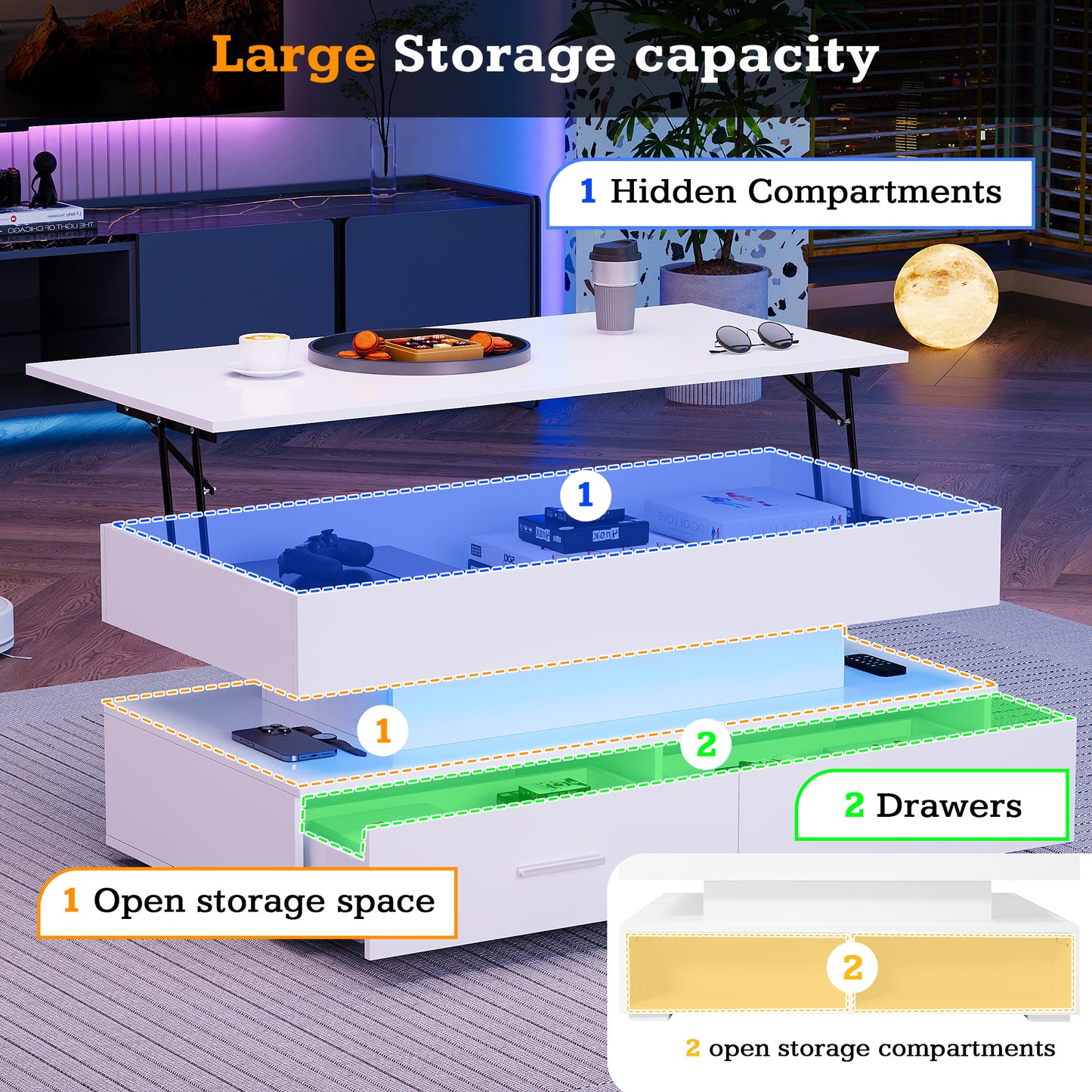 100x50x44cm Hydraulic Height Adjustable Coffee Table, With LED Lighting, Bluetooth APP Control, 2 Drawers And Open Storage,White Liftable Coffee Table