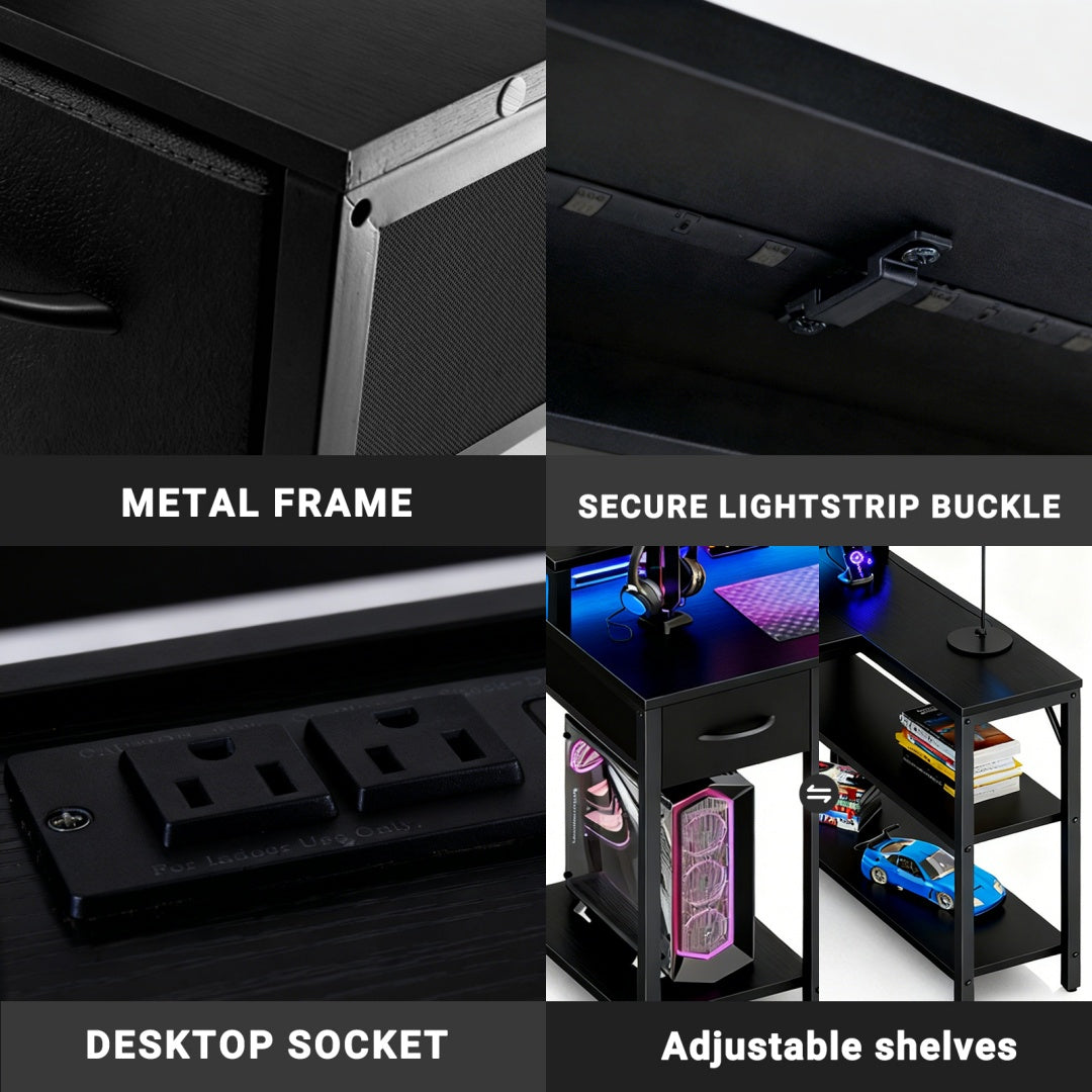 53-inch Gaming Table With USB Charging Port And LED Light, Reversible L-shaped Table With Power Socket And Monitor Stand