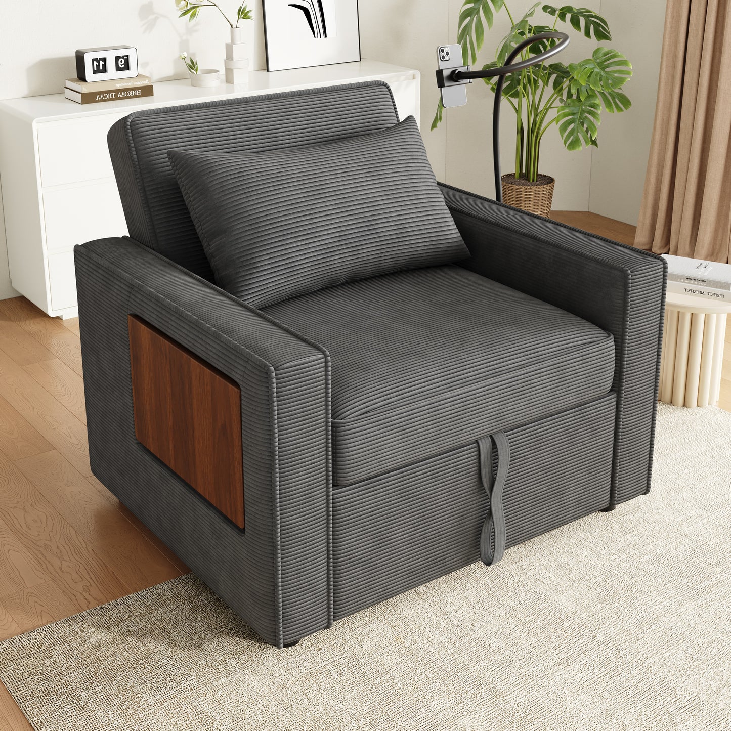 Multifunctional Foldable Sofa Bed With USB Charging Port And Mobile Phone Holder, 1 Seater Recliner Sofa Bed Convertible, Space Saving For Living Room And Bedroom, Corduroy Fabric, Gray