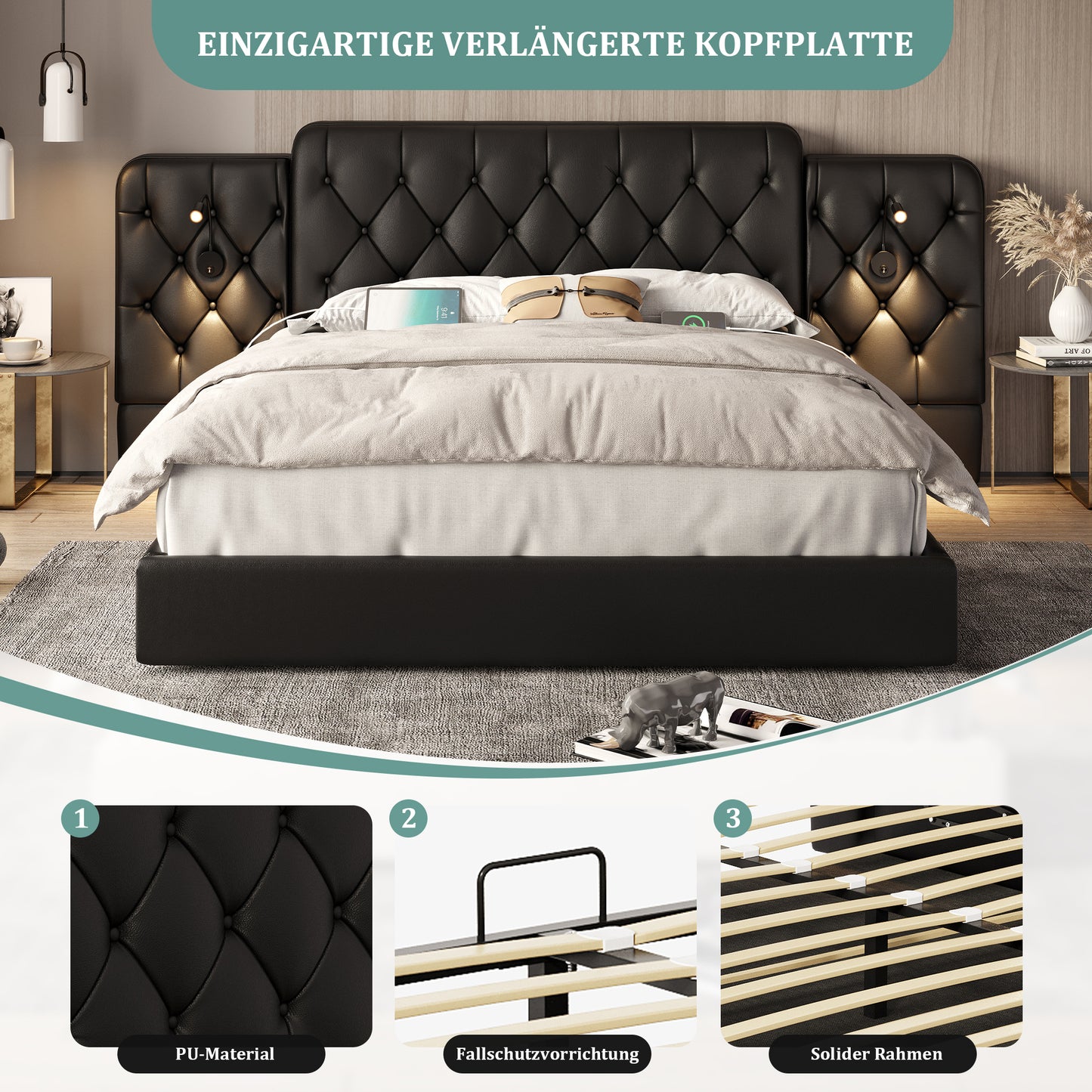 Old SKU W1880S00075 Bed Frame With Long Headboard, Fashionable Velvet Material, Multiple USB Ports, Desk Lamp, Hydraulic System, Extra Large Storage Space At The Bottom, 180 X 200 Cm, Black