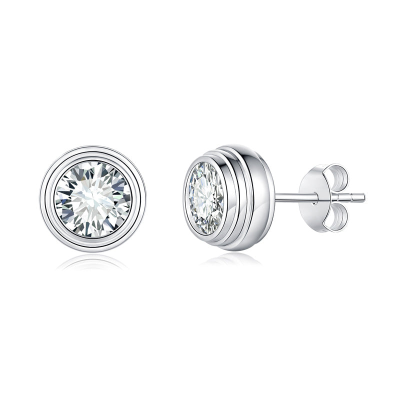 S925 Sterling Silver 0.5 Or 1CT Moissanite Stud Earrings  Round Bezel Set With GRA Certificate, Platinum Plated Jewelry Gift Box Set For Women