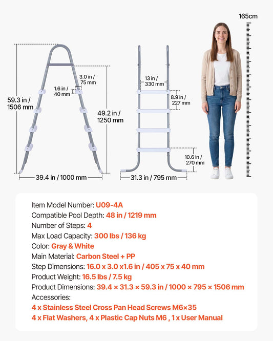 Above Ground Pool Ladder, 4-Step Steel A-Frame Swimming Pool Stairs For 48 In High Wall, 300 Lbs Capacity Entry/Exit Steps With Secure Non-Slip Sturdy Wide Step, Easy Setup, Gray & White