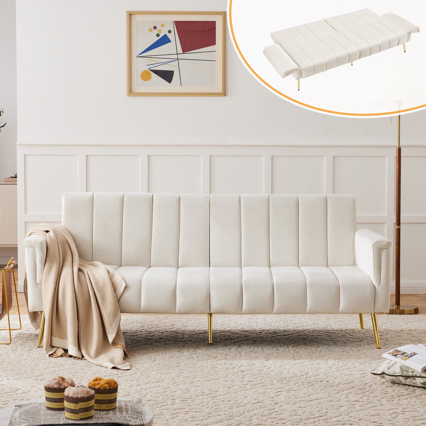 Modern Foldable Sofa Bed With Support Legs, Velvet Upholstery, Sleep Function, Suitable For Living Room, Bedroom, Home Cinema And Guest Room. Product Video Available