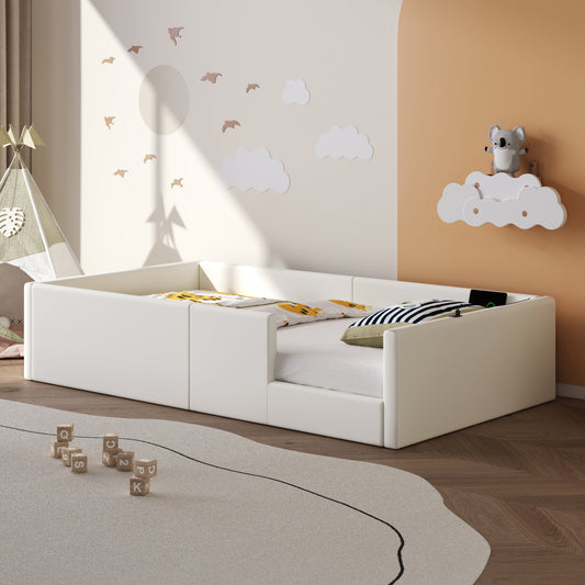 90X200 Upholstered Platform Bed With Guardrail And Charging Dock, White