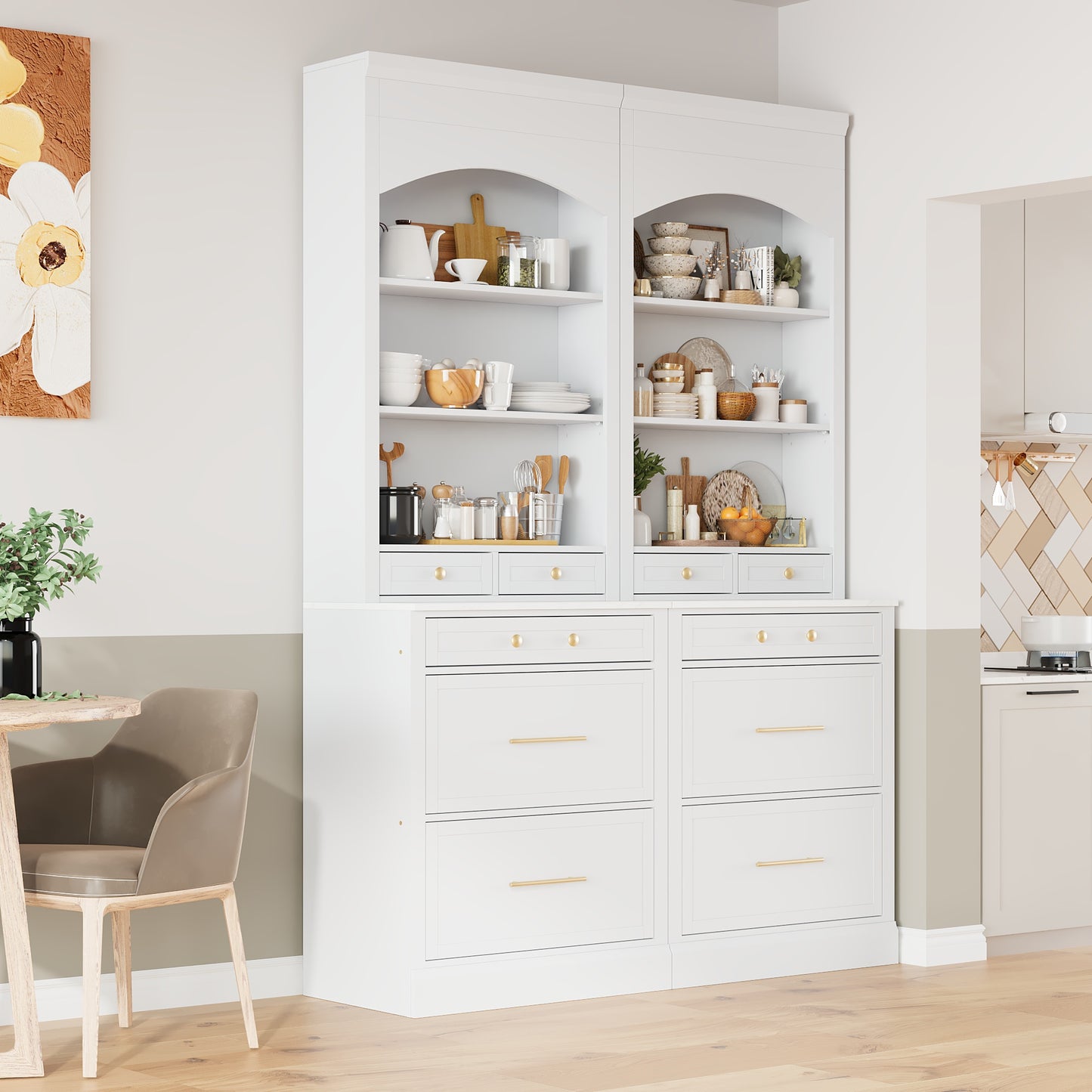TOPMAx Modern 83.7inch High Kitchen Pantry  Freestanding Tall Kitchen Hutch With Faux Marble Top Cupboard Cabinet With 5 Storage Drawers And Adjustable Shelf  Set Of 2  White