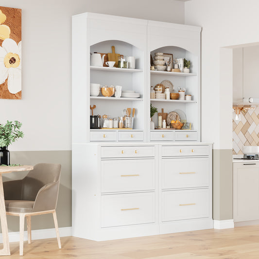 TOPMAx Modern 83.7inch High Kitchen Pantry  Freestanding Tall Kitchen Hutch With Faux Marble Top Cupboard Cabinet With 5 Storage Drawers And Adjustable Shelf  Set Of 2  White