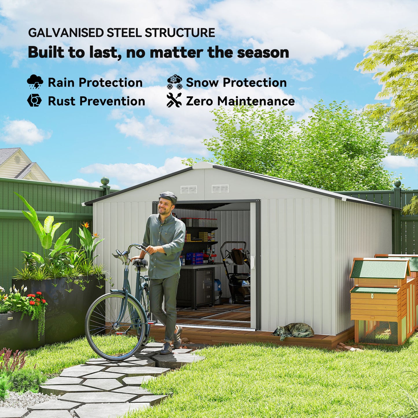 Garden Metal Shed, Storage Shed Utility Storage with Double Locking Doors for Bike, Yard Tools, White