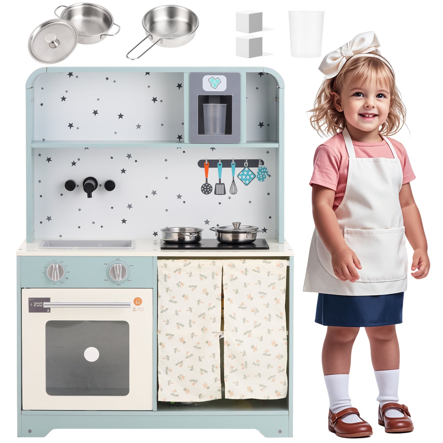Children's Kitchen, Play Kitchen With Ice Maker And Microwave, Accessories And Surprise Effects, An Excellent Gift For Children Aged 3 And Over, Wood  Plastic, Blue, 29x60x81cm