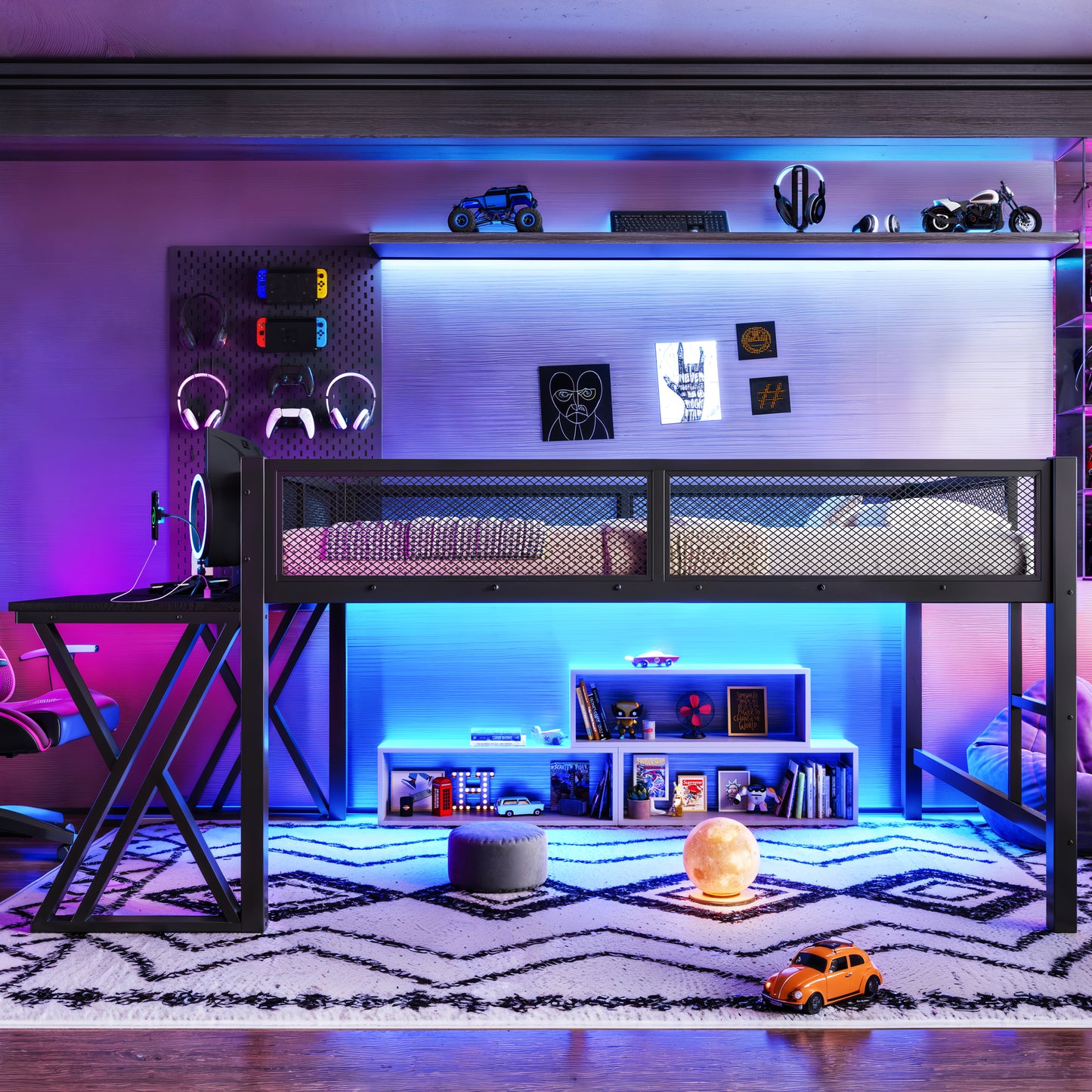 Full Size Gaming Loft Bed With Desk Of X-shaped Leg ,LED Lights, USB Ports, Staircase & Mesh Guardrail - Black Metal Frame, Space-Saving Elevated Bed For Dorms, Bedrooms, & Gaming Setups
